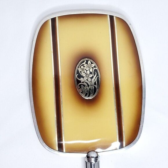 Art Decor Floral Hand Held Mirror Hair Brush Jars Containers Brown Silvertone - Picture 4 of 11